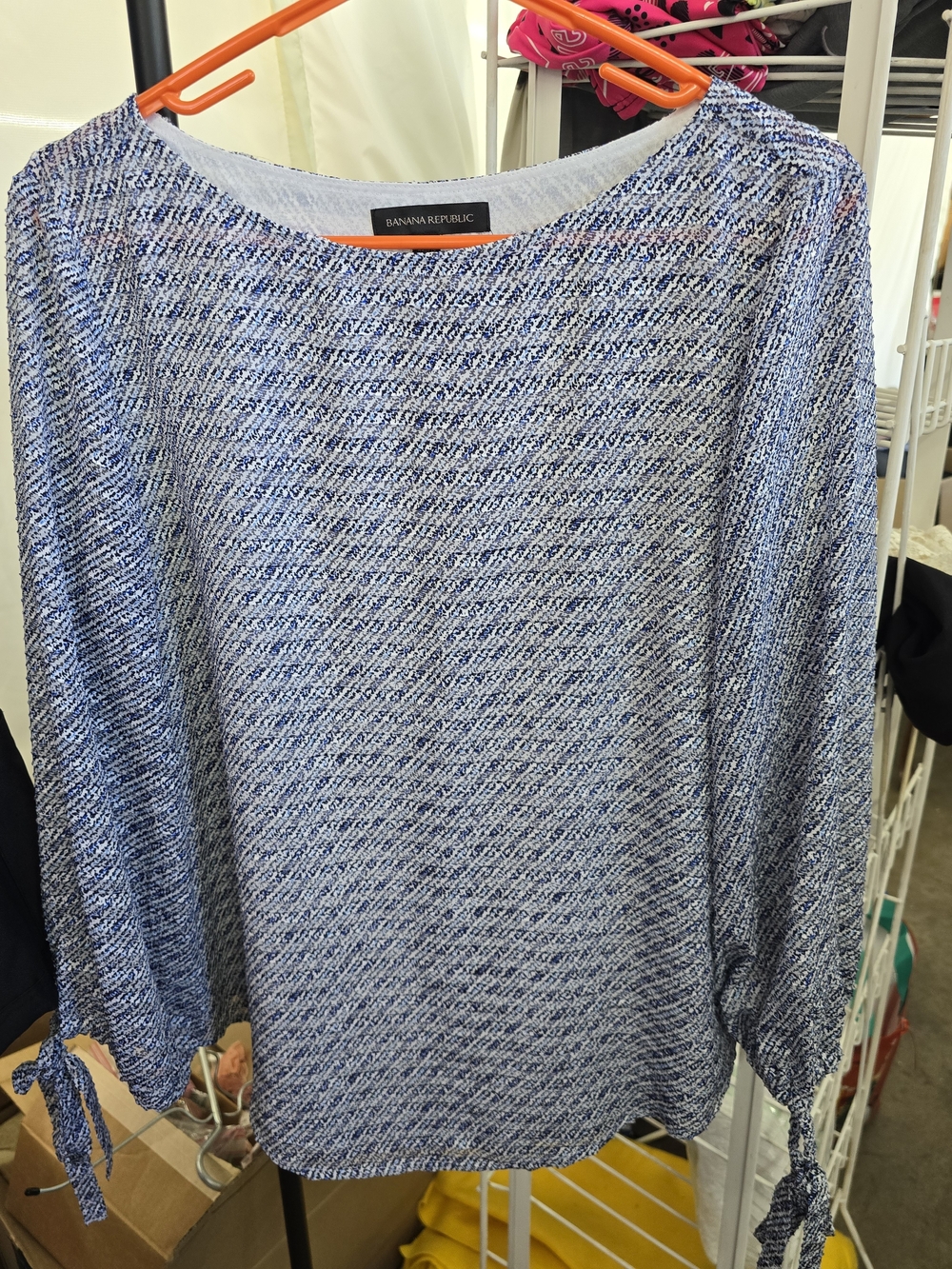 Banana Republic Blue and White Textured Tie-Sleeve Blouse